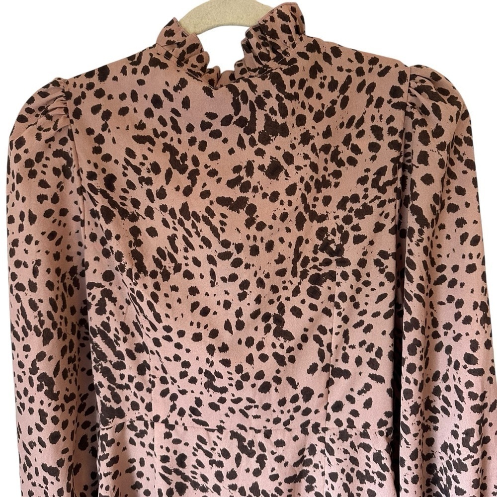 DUSTY PINK DALMATIAN TIE NECK PUFF SLEEVE WRAP SKIRT BODYCON DRESS SIZE MEDIUM - Picture 5 of 11